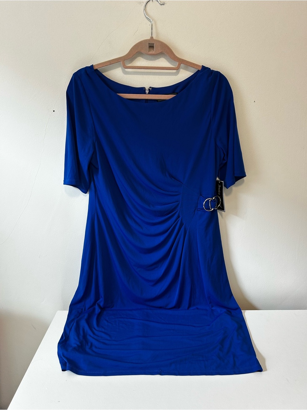 Jessica Howard Royal Blue Draped Midi Dress with Decorative Ring